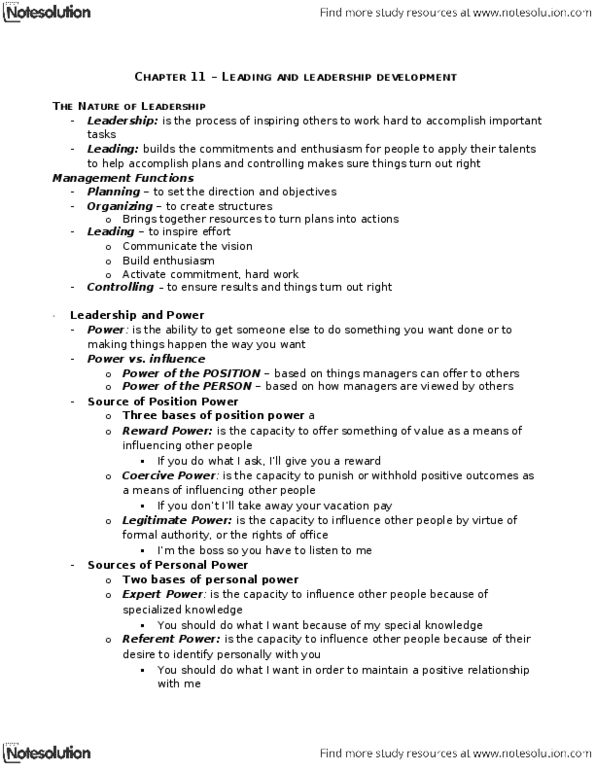 GMS 200 Chapter Notes - Chapter 11: Situational Leadership Theory, Servant Leadership, Fred Fiedler thumbnail