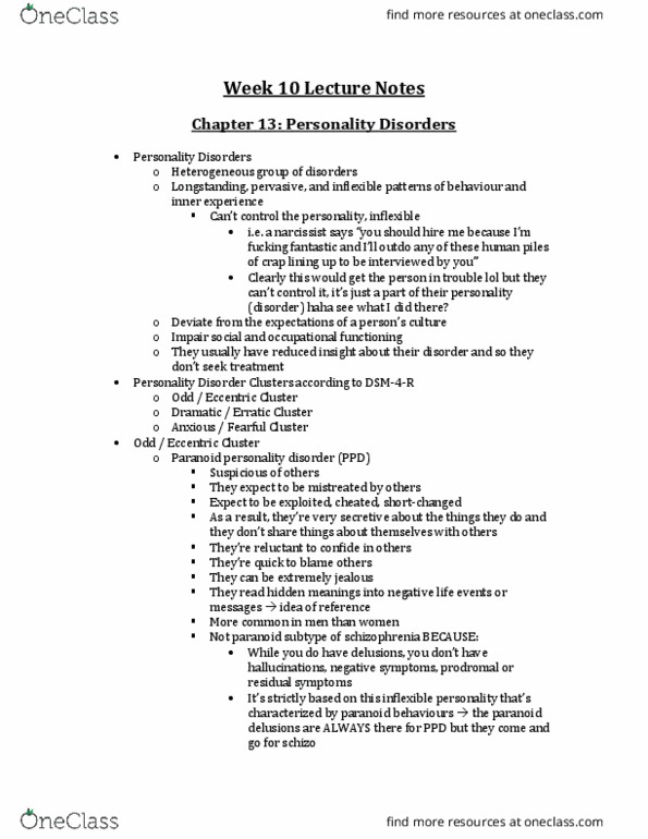 PSYB32H3 Lecture Notes - Lecture 10: Schizoid Personality Disorder, Obsessive–Compulsive Disorder, Katy Perry thumbnail
