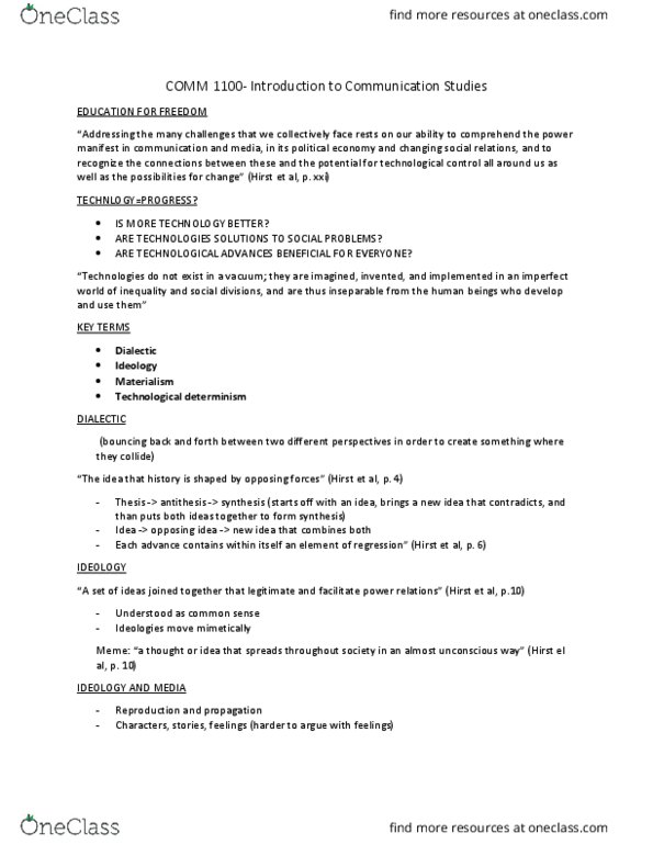 COMM 1100U Lecture Notes - Lecture 1: Neil Postman, El Al, Technological Determinism thumbnail