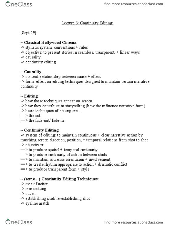 FILM 1000 Lecture Notes - Lecture 3: Shot Reverse Shot, Classical Hollywood Cinema, 180-Degree Rule thumbnail