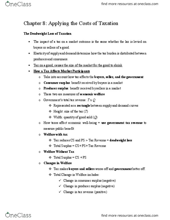 ECON 10010 Chapter Notes - Chapter 8: Deadweight Loss, Tax Wedge, Economic Surplus thumbnail