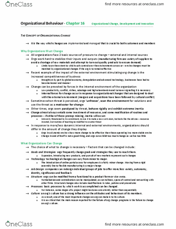 BU288 Chapter Notes - Chapter 16: Transformational Leadership, Radical Change, Behavioural Sciences thumbnail