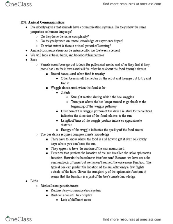 LING 1010 Lecture Notes - Lecture 30: Nim Chimpsky, Bird Vocalization, Waggle Dance thumbnail