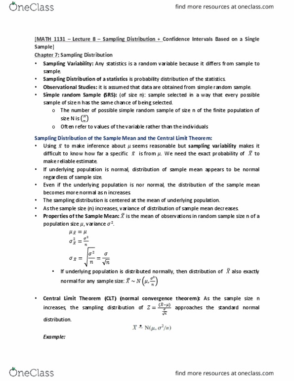 MATH 1131 Lecture Notes - Lecture 8: Point Estimation, Statistical Parameter, Confidence Interval thumbnail