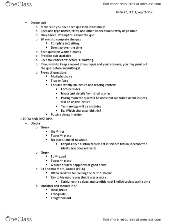 ENG237H1 Lecture Notes - Lecture 3: Literary Theory, Planets Of The Hainish Cycle, Defamiliarization thumbnail