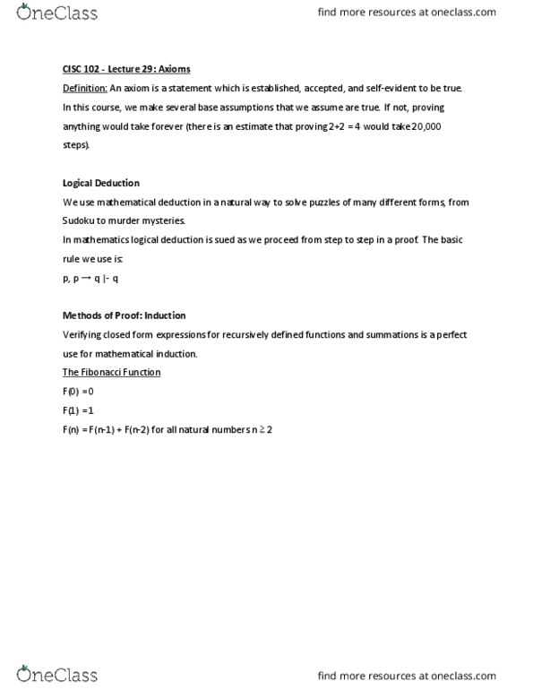 CISC 102 Lecture Notes - Lecture 29: Mathematical Induction, Complex Instruction Set Computing thumbnail