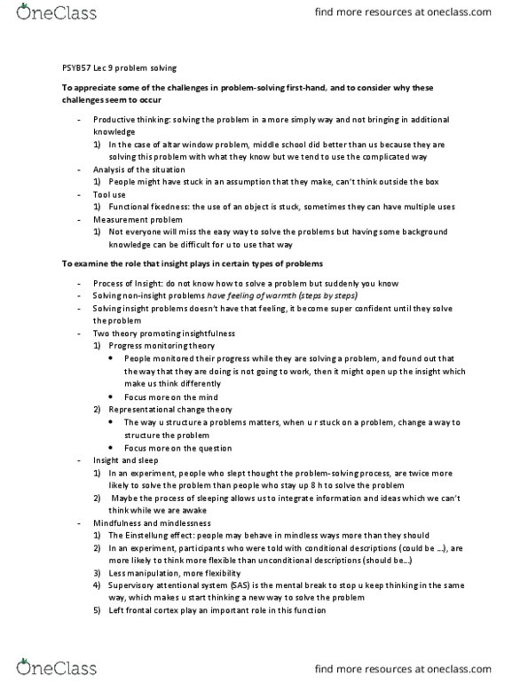 PSYB57H3 Lecture Notes - Lecture 9: Frontal Lobe, Chess Title, Functional Fixedness thumbnail