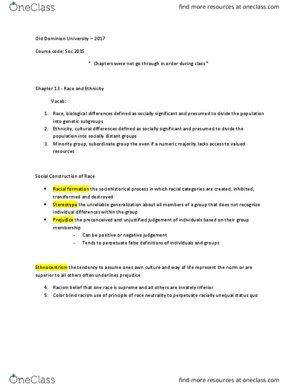 SOC 201S Lecture Notes - Lecture 13: Racial Profiling, Color Blindness, Minority Group thumbnail