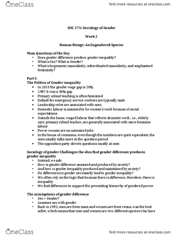 SOC275H5 Lecture Notes - Lecture 2: Sexual Reproduction, Intersex, Gender Binary thumbnail