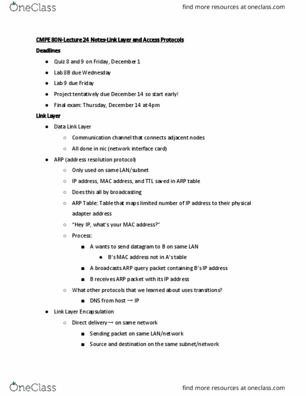 CSE 80N Lecture Notes - Lecture 24: Channel Access Method, Propagation Delay, Token Passing thumbnail