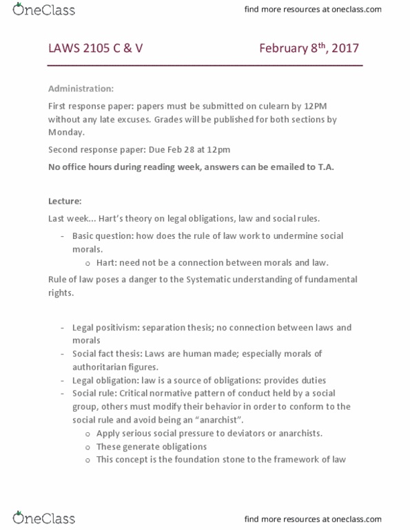 LAWS 2105 Lecture Notes - Lecture 5: Legal Positivism, Law Of Obligations, Social Fact thumbnail
