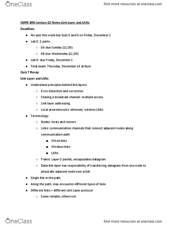 CSE 80N Lecture Notes - Lecture 22: Unicast, Hexadecimal, Address Resolution Protocol thumbnail