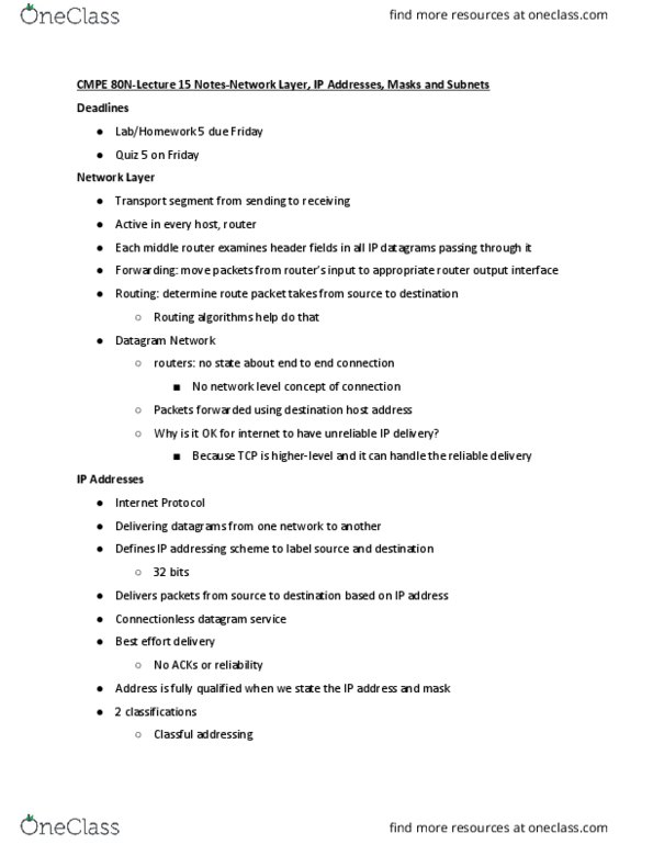 CSE 80N Lecture Notes - Lecture 15: Bitwise Operation, Classless Inter-Domain Routing, Best-Effort Delivery thumbnail