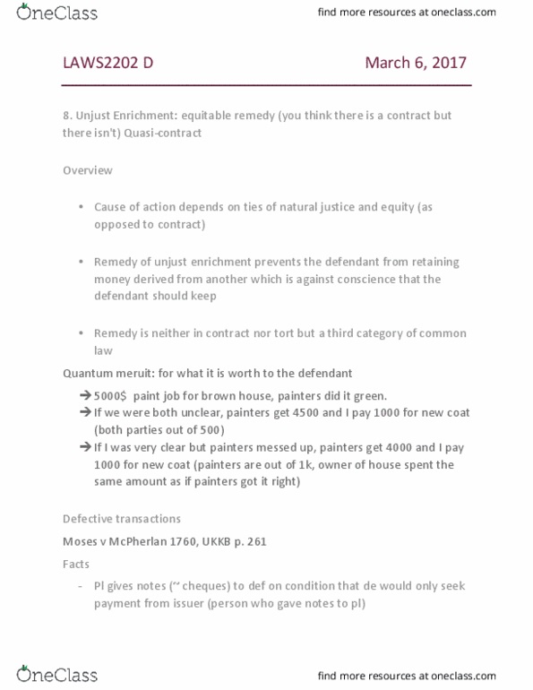 LAWS 2202 Lecture Notes - Lecture 7: Fide, Specific Performance, Quantum Meruit thumbnail