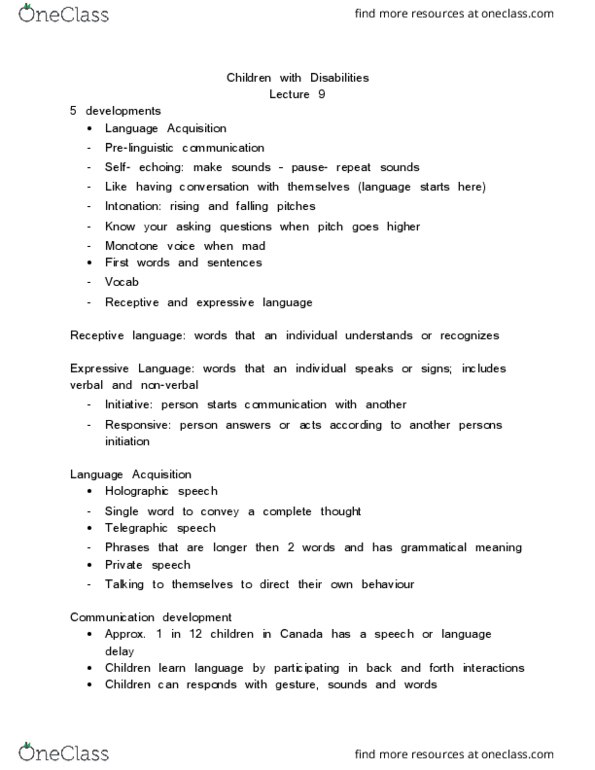 CLD 241 Lecture Notes - Lecture 9: Pragmatics, Language Processing In The Brain, Language Delay thumbnail