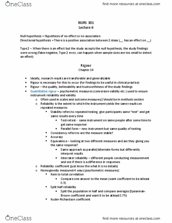 NURS301 Lecture Notes - Lecture 6: Content Validity, Audit, Internal Validity thumbnail