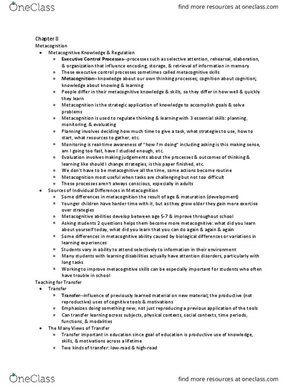 TAL 103 Chapter Notes - Chapter 8: Overlearning, Metacognition, Inductive Transfer thumbnail