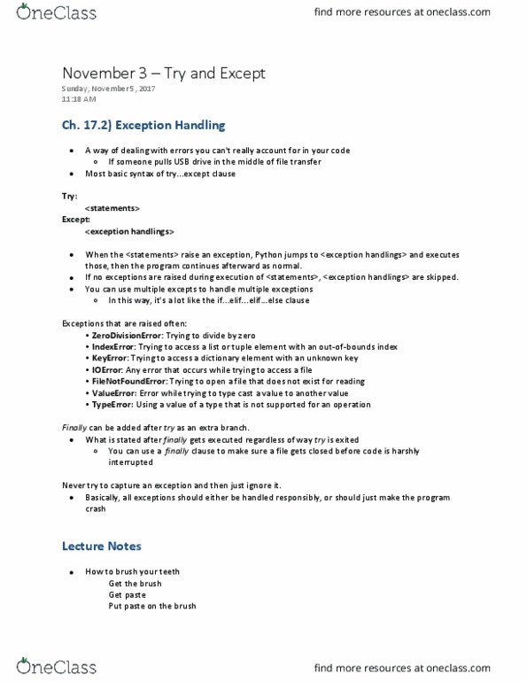 CS 1110 Lecture Notes - Lecture 1: Nanosecond, Tooth Brushing, Toothache thumbnail