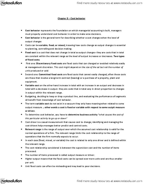 ACC 406 Lecture Notes - Cost Driver, Fixed Cost, Variable Cost thumbnail