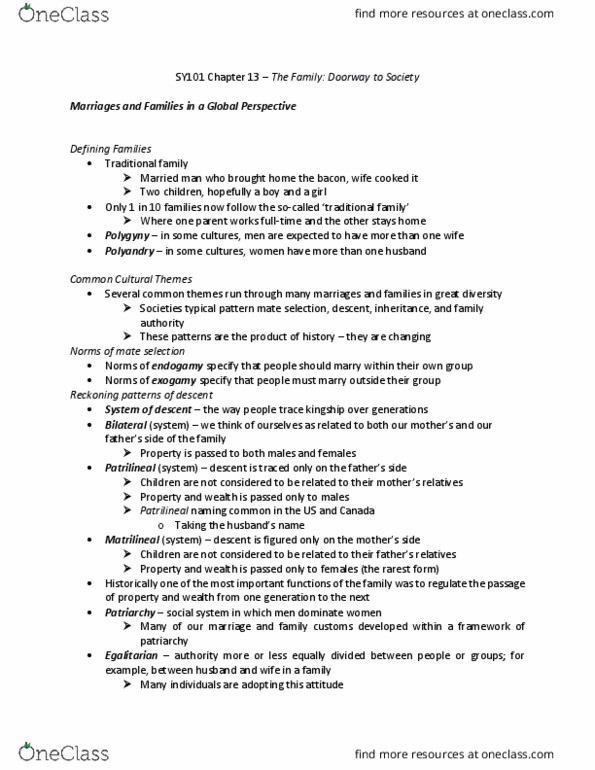 SY101 Chapter Notes - Chapter 13: Parental Leave, Marital Power, Voluntary Childlessness thumbnail