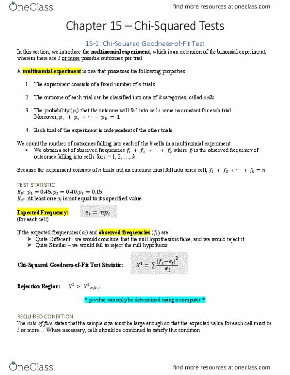 COMM-1057EL Chapter Notes - Chapter 15: Null Hypothesis, Contingency Table, Statistical Inference thumbnail