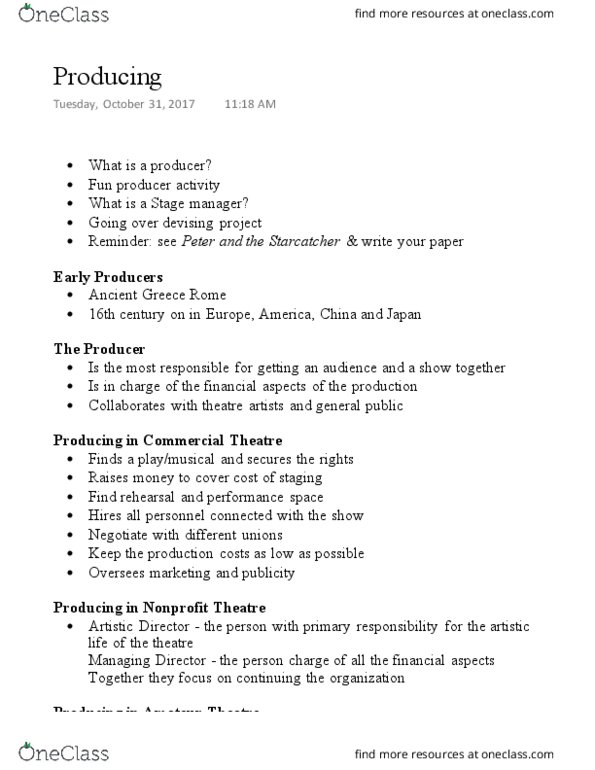 THTR-T 100 Lecture Notes - Lecture 5: Community Theatre, Stage Management thumbnail