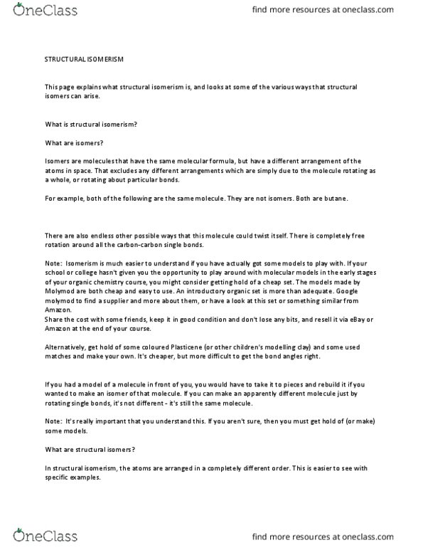 CHM 124 Chapter Notes - Chapter isomerism: Homologous Series, Pentane, Propionaldehyde thumbnail