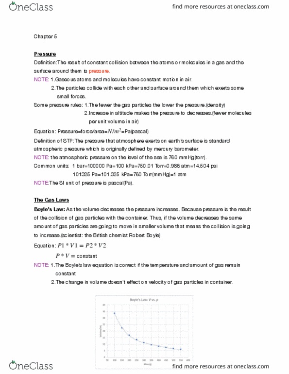 CHY 103 Chapter Notes - Chapter 5: Ideal Gas Law, Avogadro Constant, Kinetic Theory Of Gases thumbnail