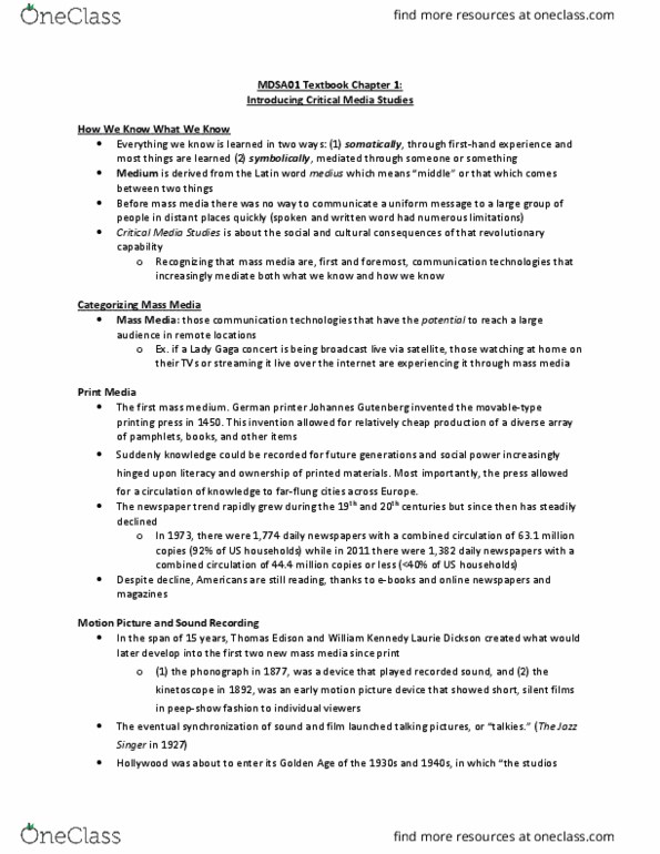 MDSA01H3 Chapter Notes - Chapter 1-4: Media Filter, Enculturation, John Dewey thumbnail