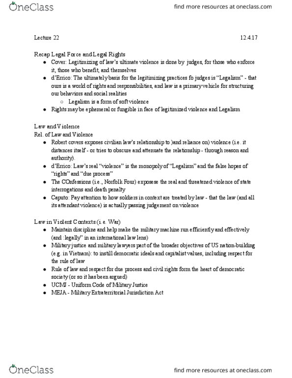 LEGAL 250 Lecture Notes - Lecture 22: Military Extraterritorial Jurisdiction Act, Military Justice, Petty Officer thumbnail