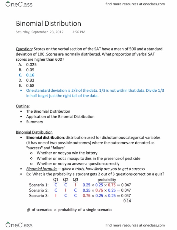 QTM 100 Lecture Notes - Lecture 9: Random Variable, Binomial Distribution, Binomial Theorem thumbnail