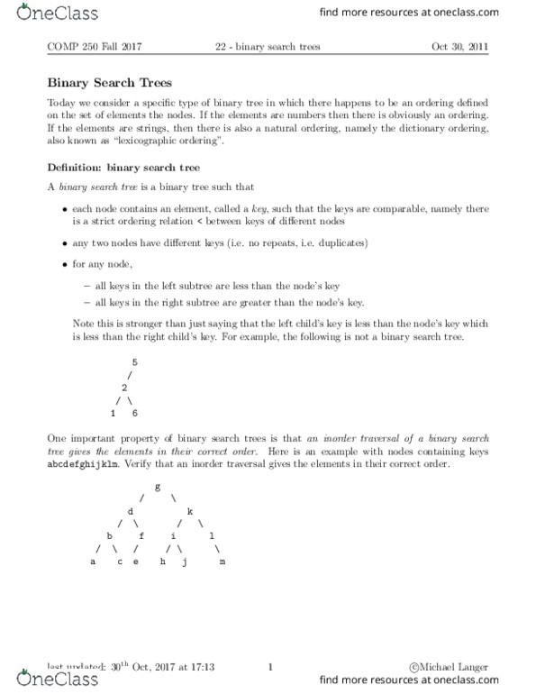 COMP 250 Lecture Notes - Lecture 21: Cie 001 Class, Binary Search Tree, Abstract Data Type thumbnail