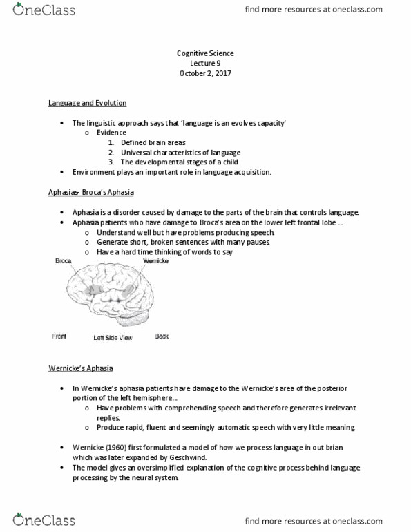 COGS 100 Lecture Notes - Lecture 9: Frontal Lobe, Aphasia thumbnail