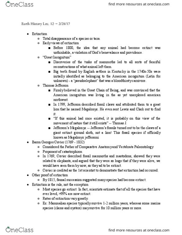 GEOL 1020 Lecture Notes - Lecture 12: Megalonyx, Georges Cuvier, Principle Of Faunal Succession thumbnail