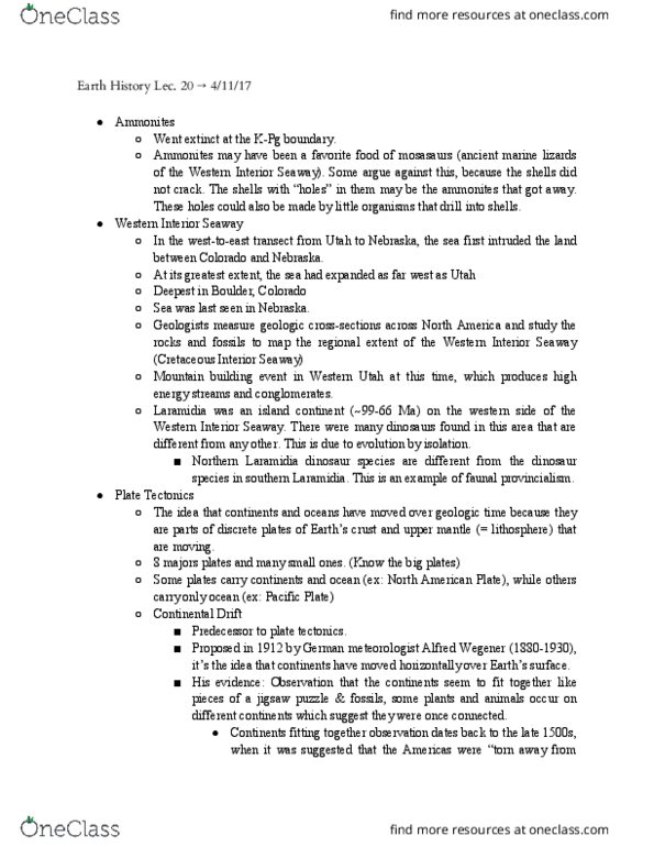 GEOL 1020 Lecture Notes - Lecture 20: Sedimentology, Mesozoic, Cenozoic thumbnail