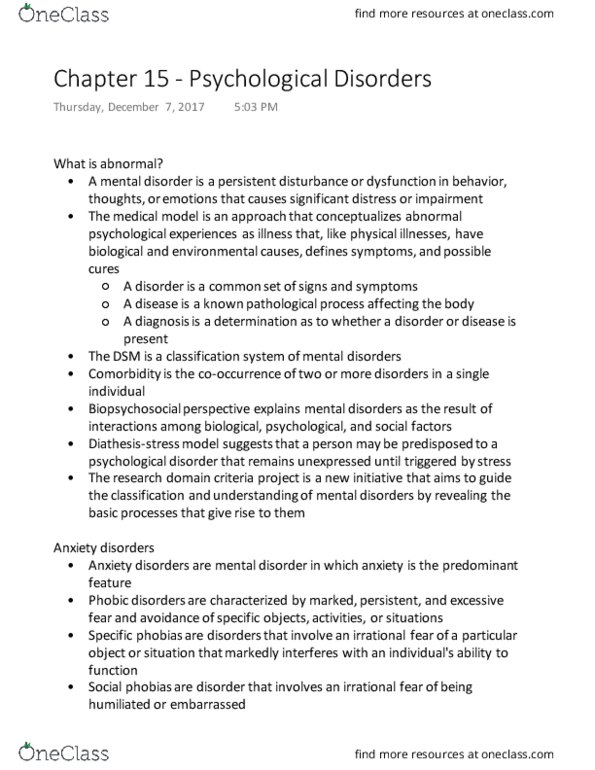 PSYCH 1101 Chapter Notes - Chapter 15: Agoraphobia, Dysthymia, Conduct Disorder thumbnail
