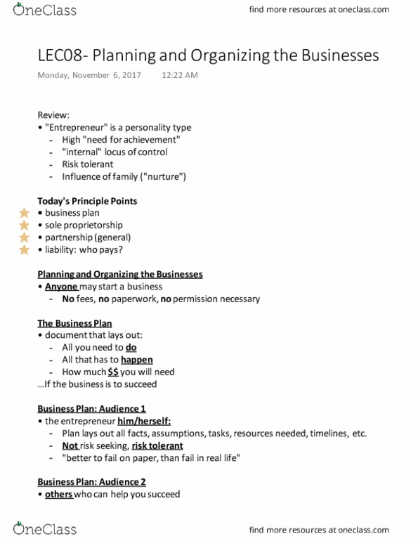 MGTA01H3 Lecture Notes - Lecture 8: Sole Proprietorship, Risk-Seeking, General Partnership thumbnail