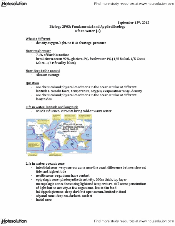 BIOLOGY 2F03 Lecture Notes - Rift Valley Lakes, Mesopelagic Zone, Pelagic Zone thumbnail
