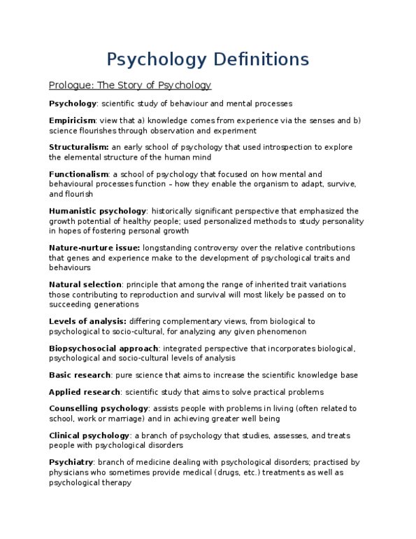 PSYC 1000 Final Definitions Of Psychology Terms For The Exam OneClass