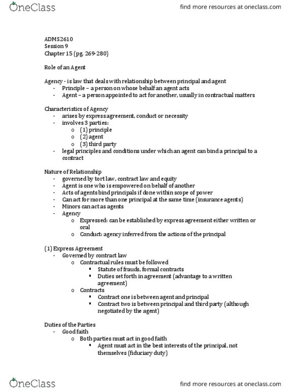 ADMS 2610 Lecture Notes - Lecture 9: Estoppel, Fiduciary, Session 9 thumbnail