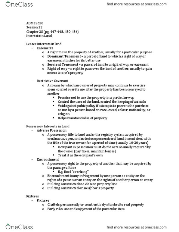 ADMS 2610 Lecture Notes - Lecture 12: Adverse Possession thumbnail