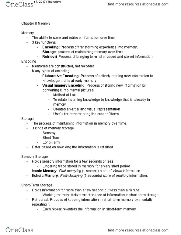 PSYCO104 Lecture Notes - Lecture 8: Temporal Lobe, Hermann Ebbinghaus, Frontal Lobe thumbnail