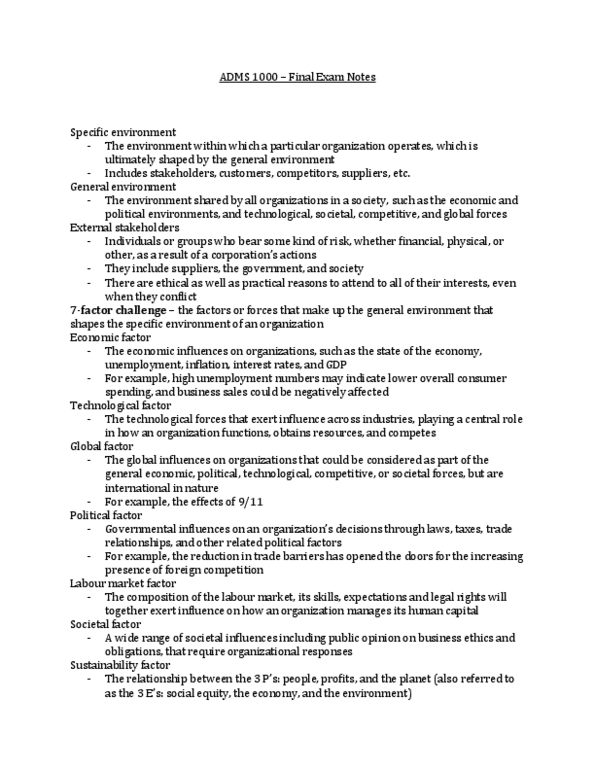 ADMS 1000 Final ADMS 1000 Final Exam Notes OneClass