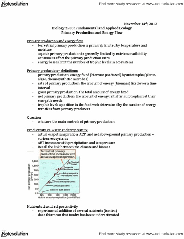 BIOLOGY 2F03 Lecture Notes - Primary Production, Evapotranspiration, Chemosynthesis thumbnail