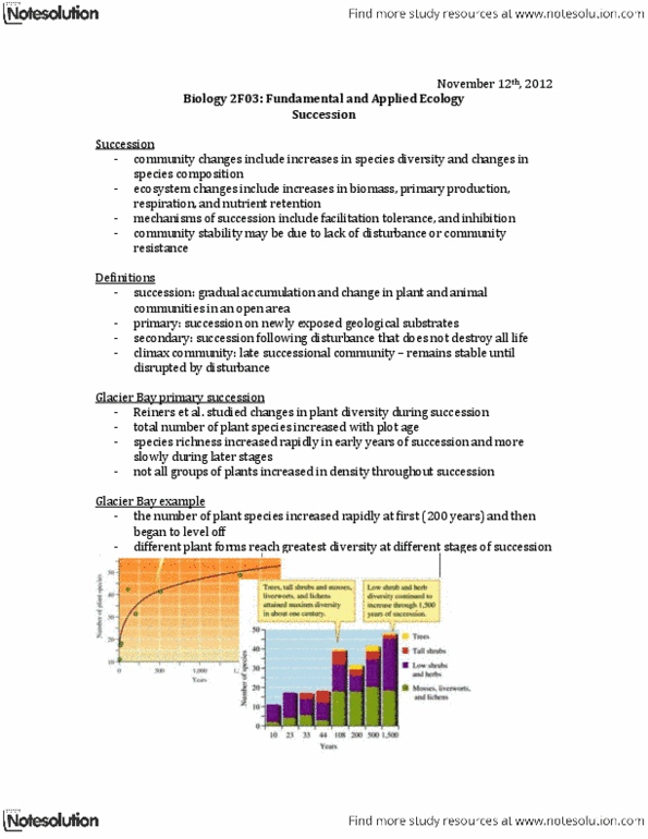 BIOLOGY 2F03 Lecture Notes - Climax Community, Primary Succession, Species Richness thumbnail