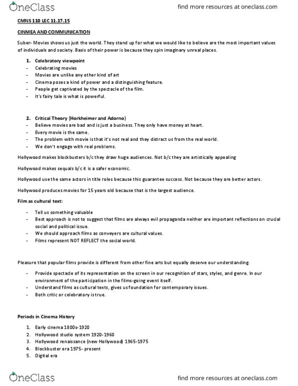 CMNS 110 Lecture Notes - Lecture 10: Product Placement, Cinematograph, Vertical Integration thumbnail