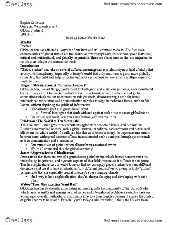 GLOBL 2 Lecture Notes - Lecture 1: Global Studies thumbnail