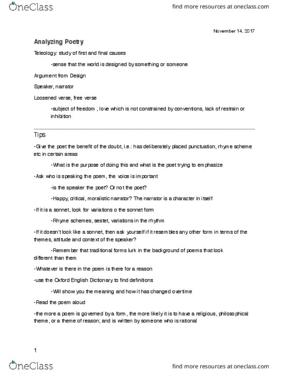 English 1022E Lecture Notes - Lecture 14: Robert Frost, Brian Patten, Petrarchan Sonnet thumbnail