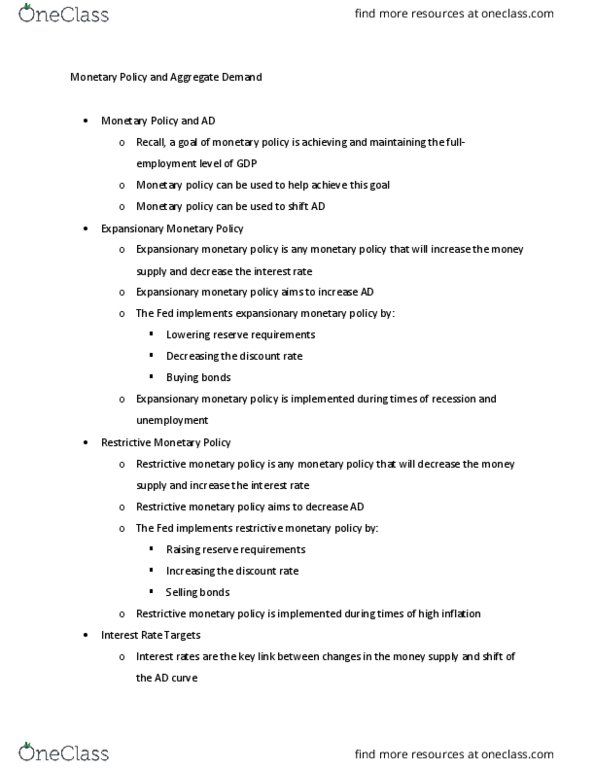 ECON100 Lecture Notes - Lecture 37: Excess Reserves, Federal Funds Rate, Monetary Policy thumbnail