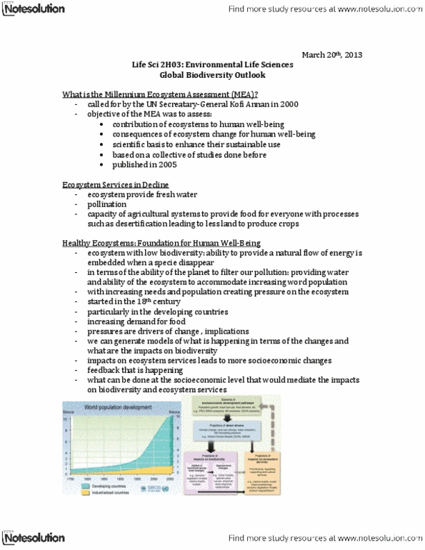 LIFESCI 2H03 Lecture Notes - Millennium Ecosystem Assessment, Kofi Annan, Ecosystem Services thumbnail